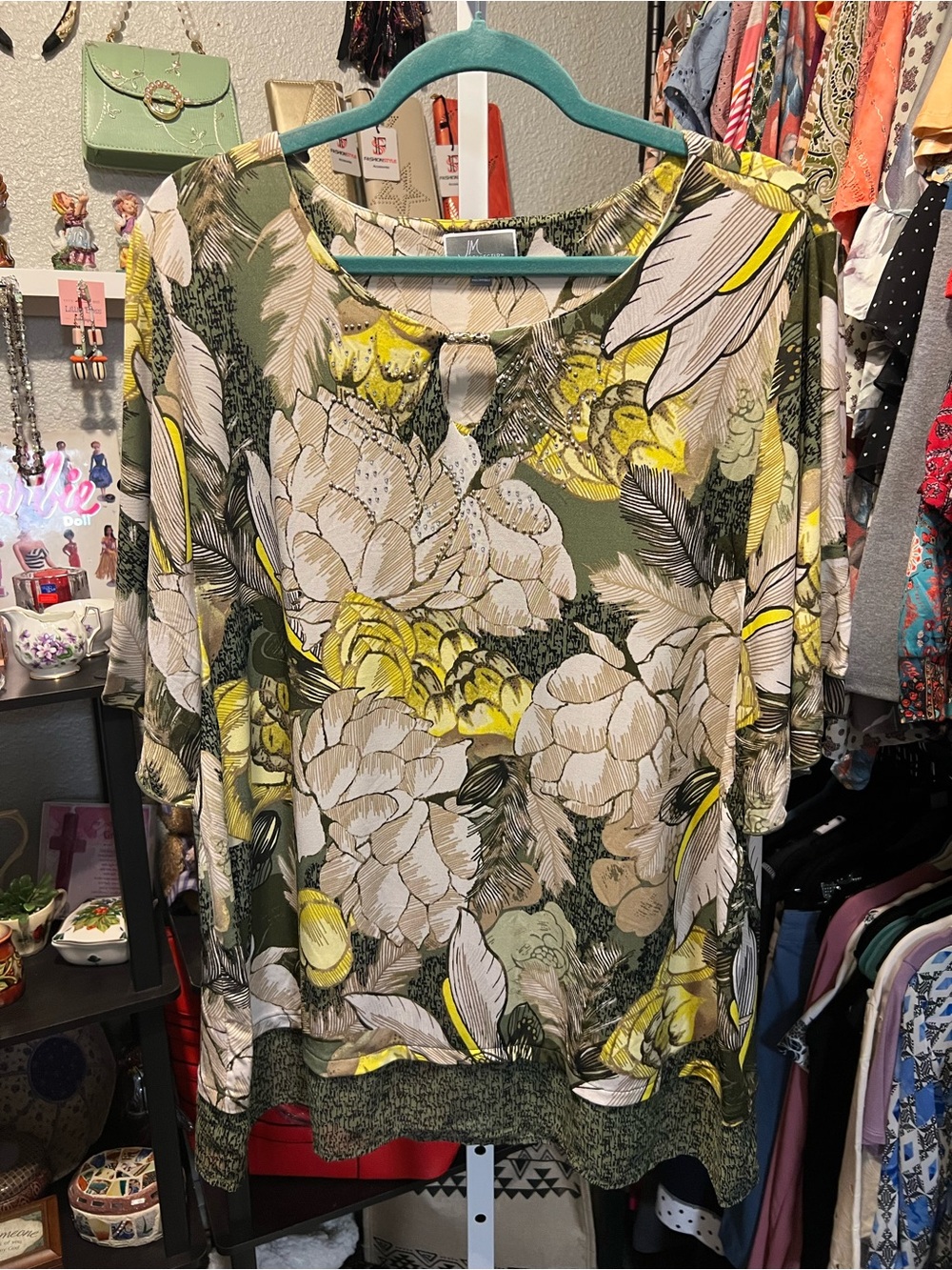 JM Collection Olive Floral Scoop Neck Tunic with Yellow Accents